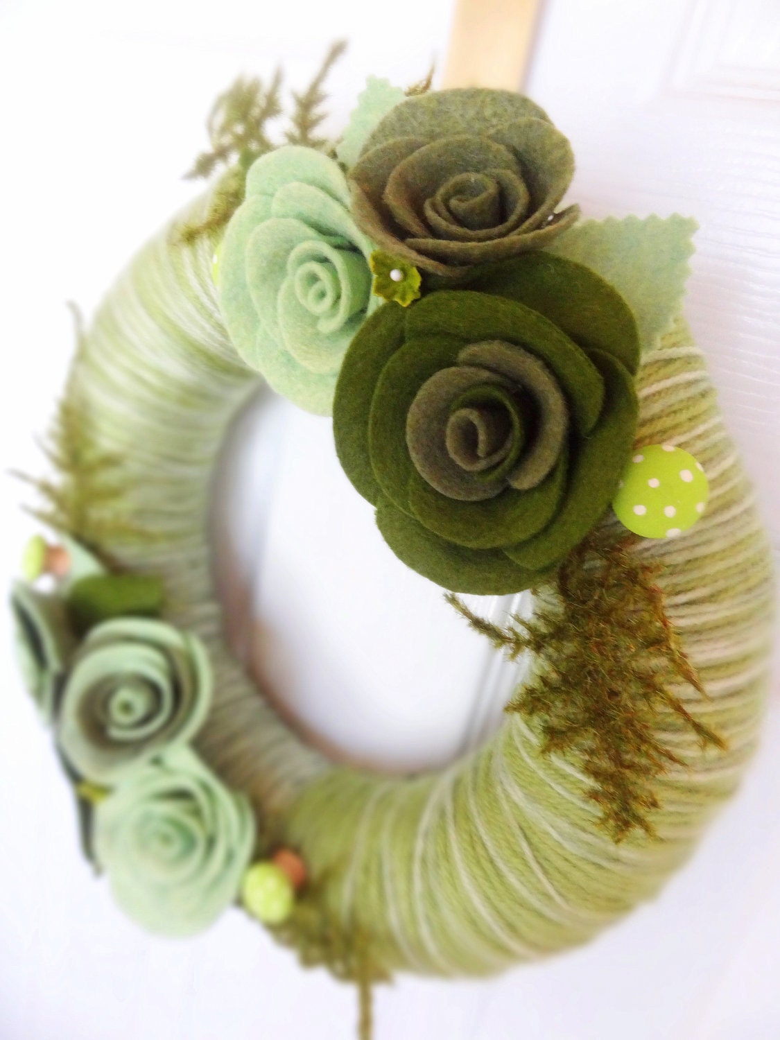 Moss - The Original Felt Yarn Wreath - 10 inch Door Decoration in Green with Painted Wood Mushrooms and Ferns