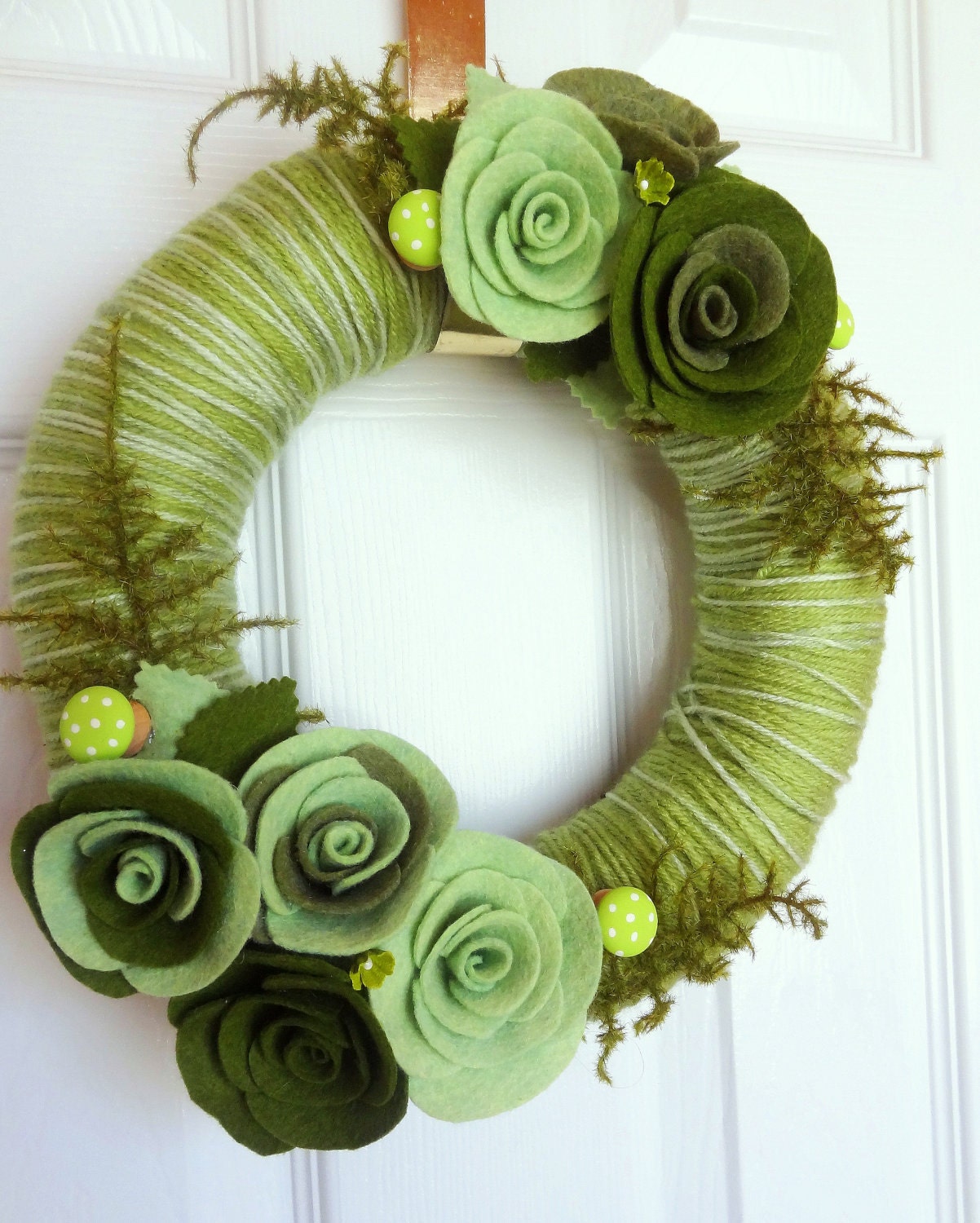 Moss - The Original Felt Yarn Wreath - 10 inch Door Decoration in Green with Painted Wood Mushrooms and Ferns
