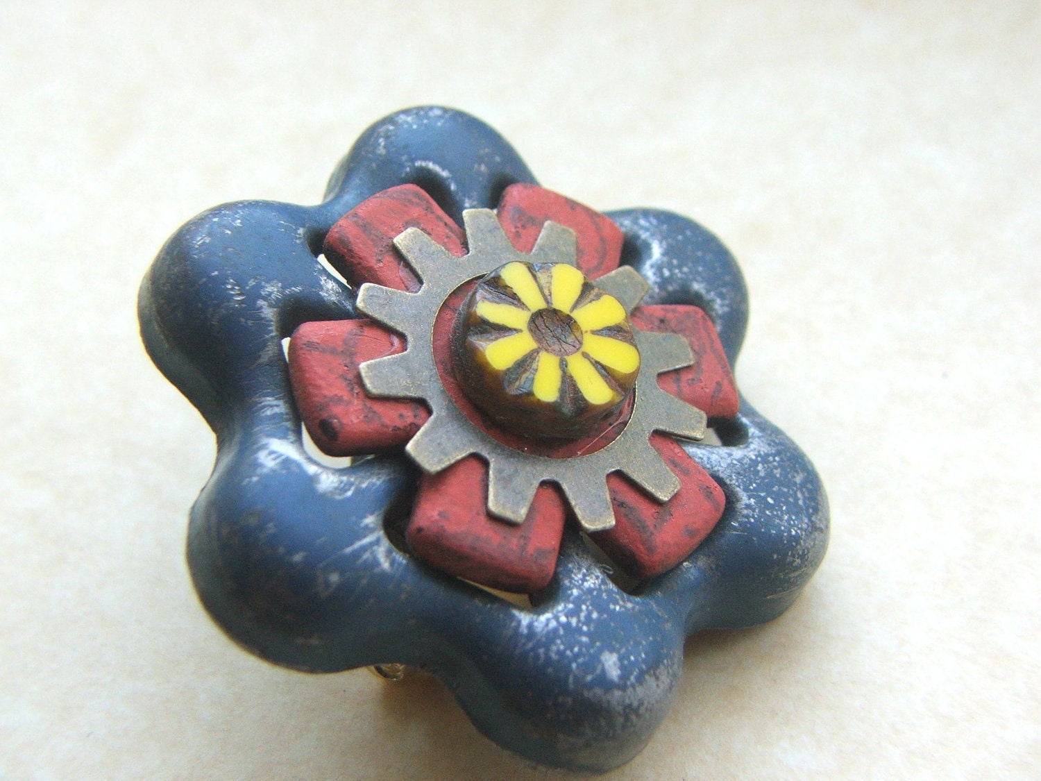 Found object jewelry, pin/brooch recycled faucet handle