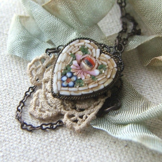 Heart Jewelry Repurposed Vintage Micro Mosaic Pendant Necklace, Antique Lace, Mothers Day