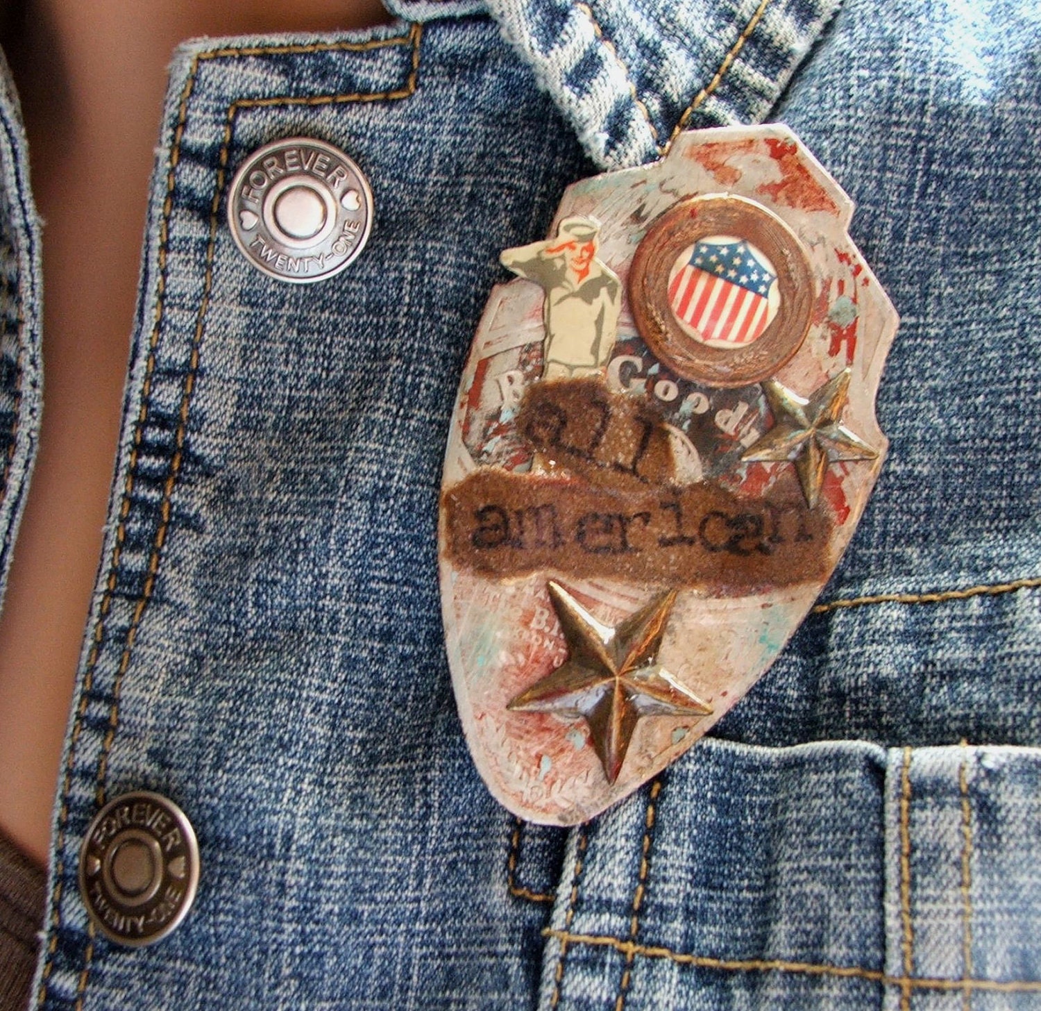 Patriotic Jewelry, Mixed Media Pin, Brooch, All American, Found Object Jewelry