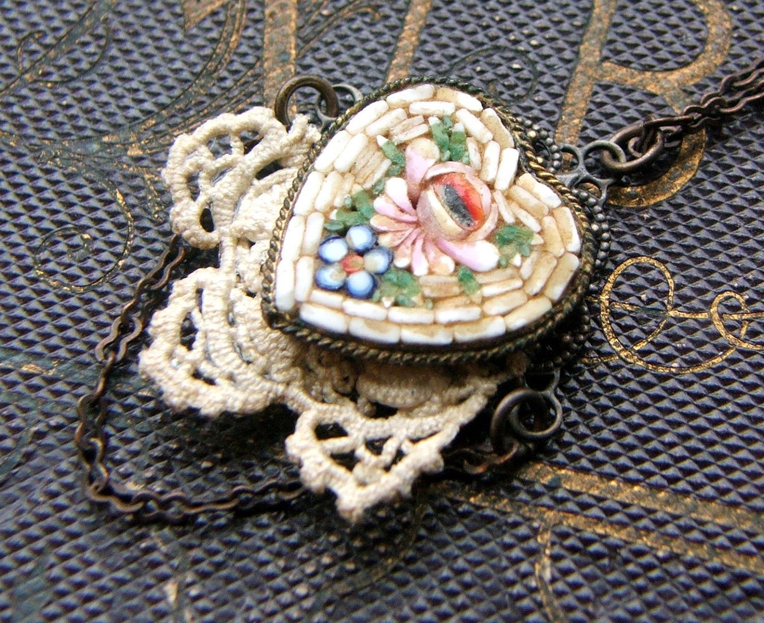 Heart Jewelry Repurposed Vintage Micro Mosaic Pendant Necklace, Antique Lace, Mothers Day