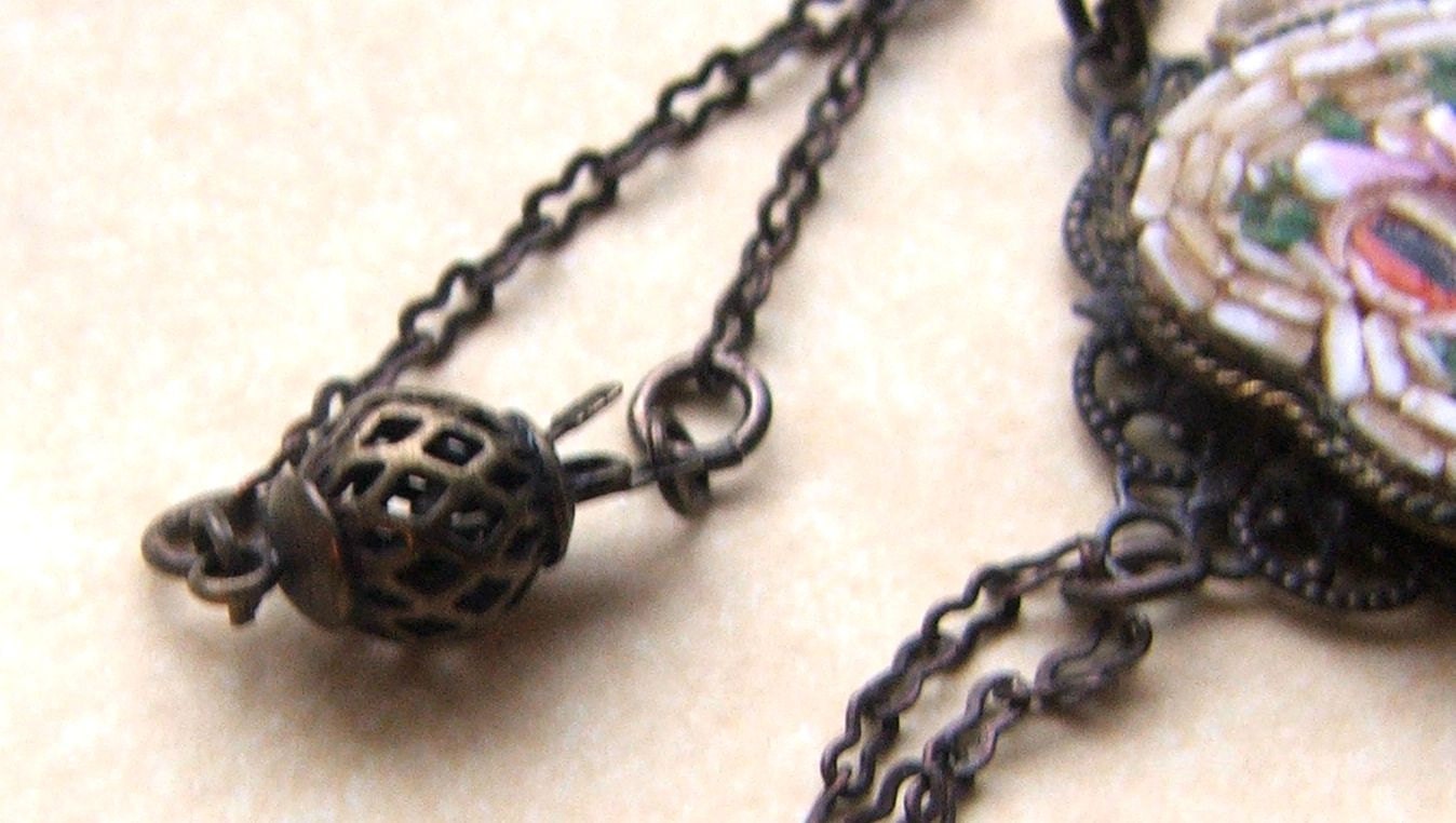 Heart Jewelry Repurposed Vintage Micro Mosaic Pendant Necklace, Antique Lace, Mothers Day