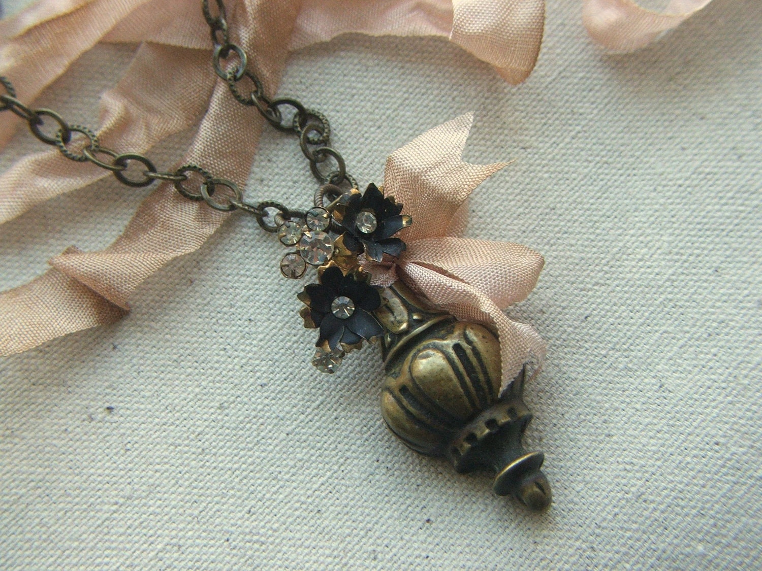 Found Object Jewelry, Antique Brass Drawer Pull, Repurposed Necklace, Mothers Day