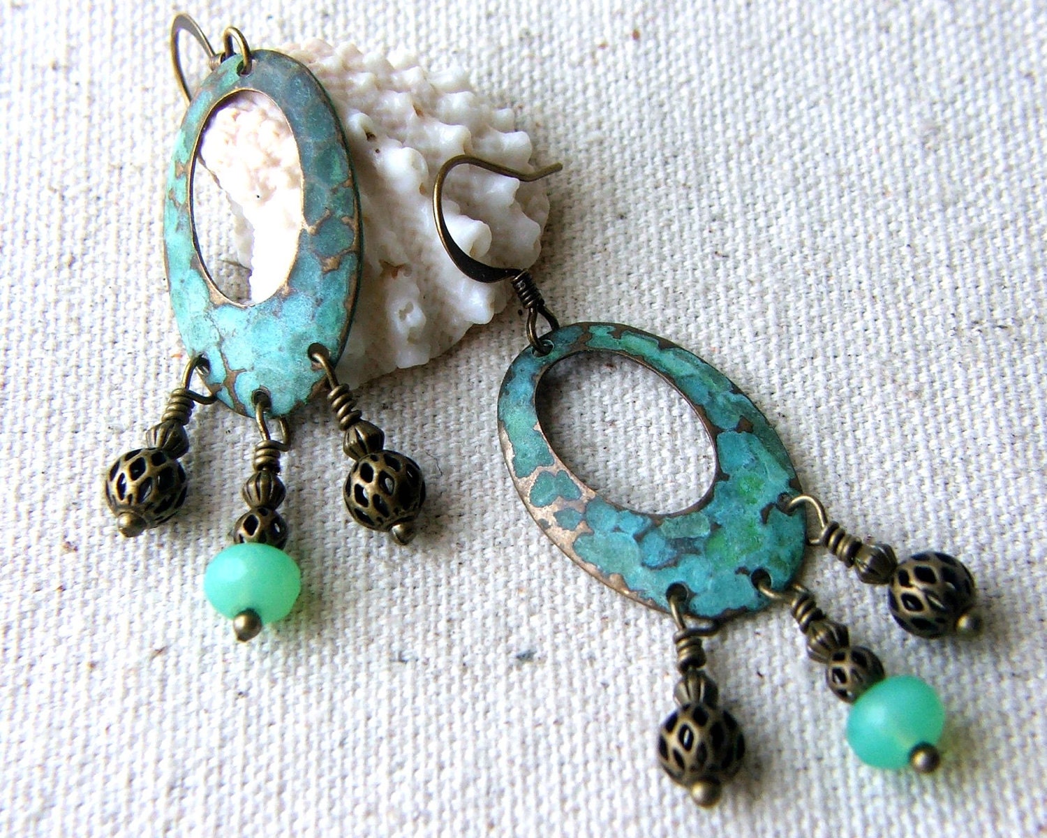 Chandelier Earrings, Hammered Brass, Tropical Ocean Colors, Verdigris Patina