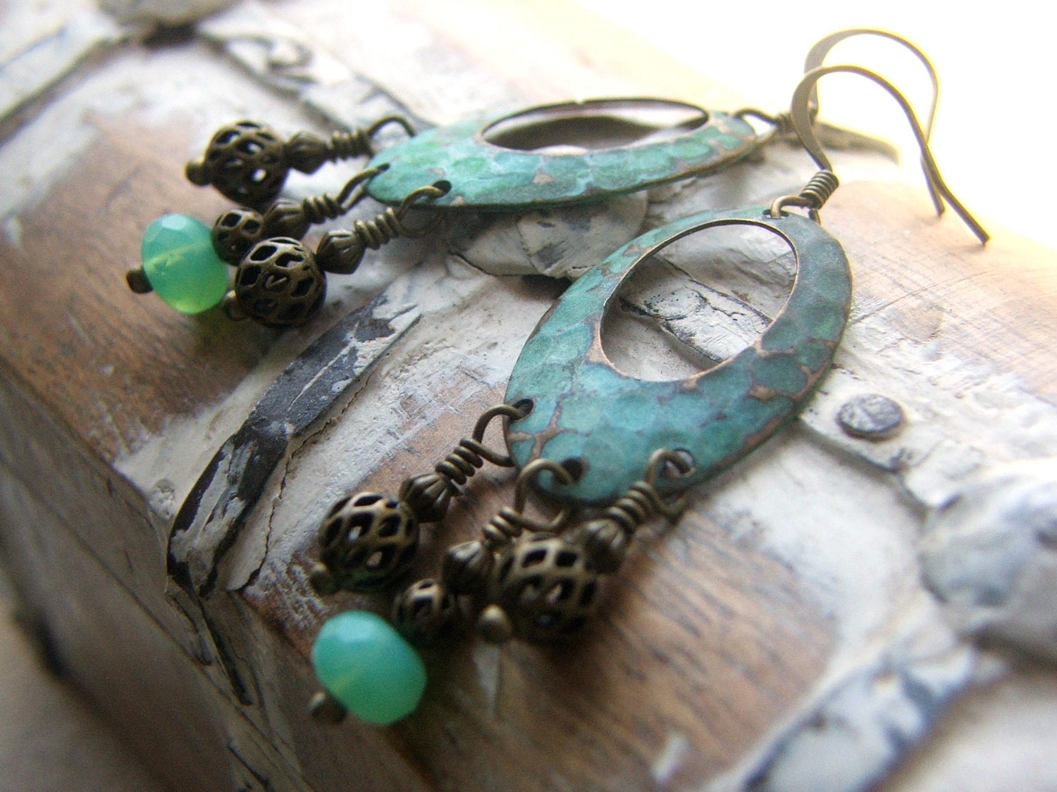 Chandelier Earrings, Hammered Brass, Tropical Ocean Colors, Verdigris Patina