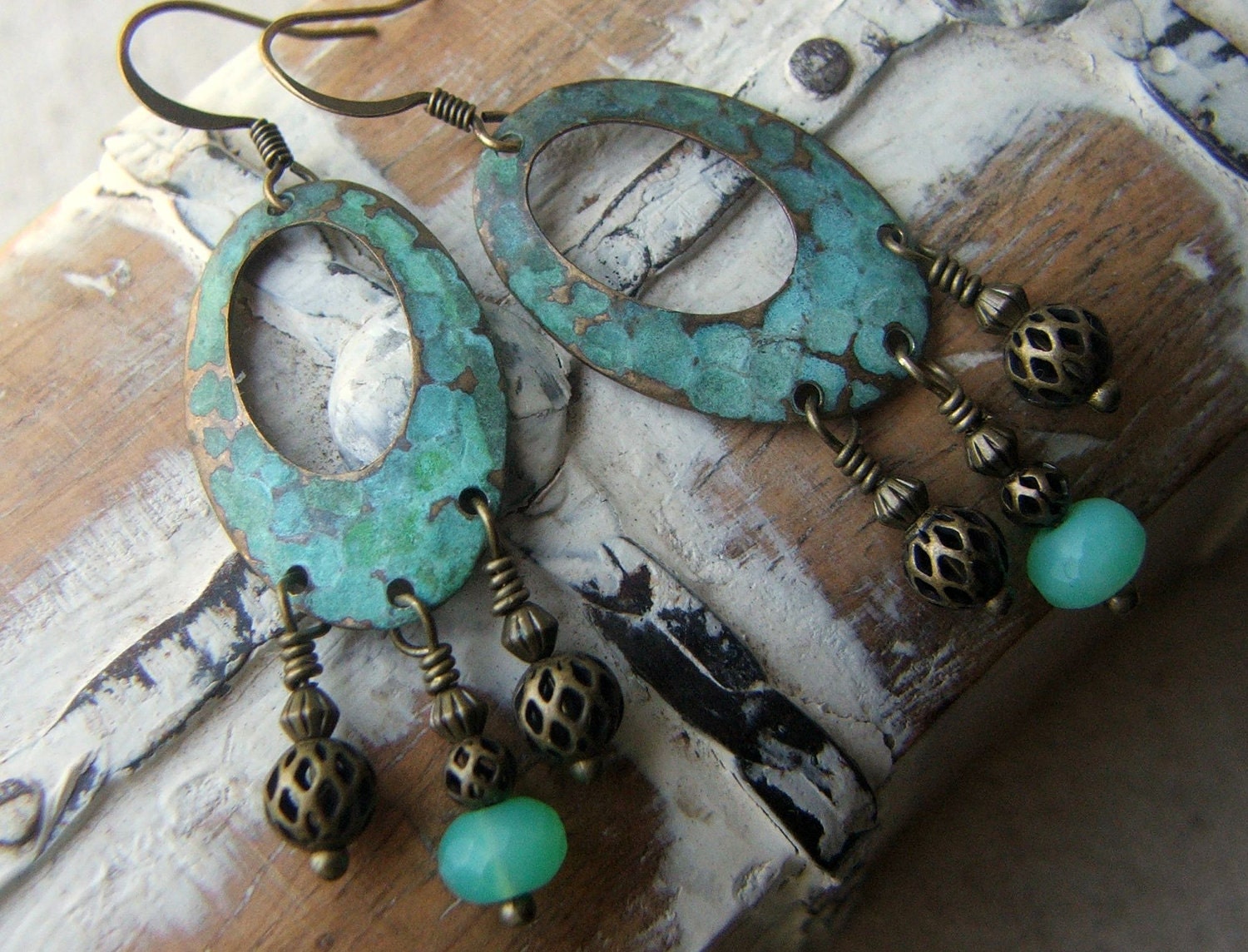 Chandelier Earrings, Hammered Brass, Tropical Ocean Colors, Verdigris Patina