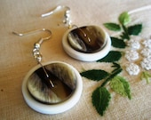 Button earrings handmade in brown on white - dangle drop dead gorgeous