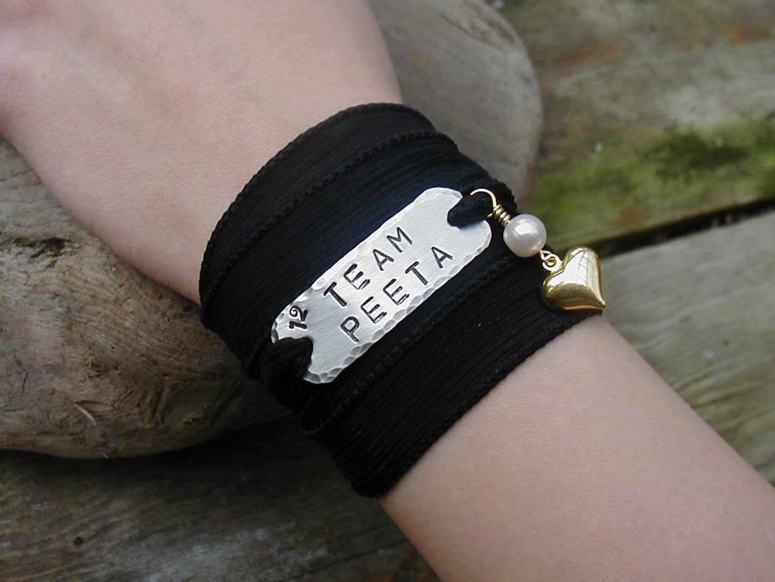 The Hunger Games Bracelet Wrap - TEAM PEETA Hand Stamped  with Black Silk Ribbon Wrap