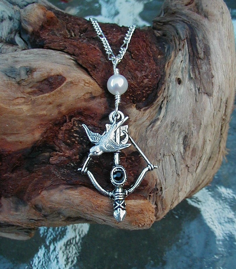 The Hunger Games Inspired Bow and Arrow with Peeta Pearl and Black Crystal