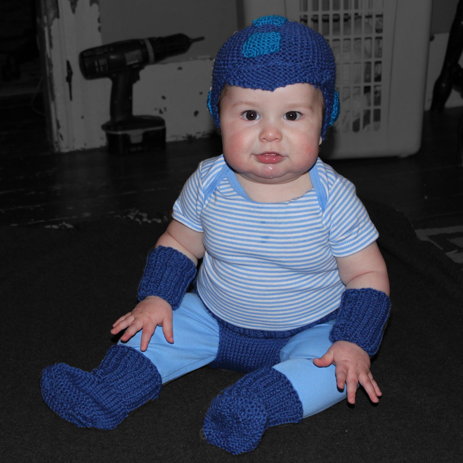 Custom Knit Baby Megaman suit - hat, booties, arm warmers, and diaper cover. Knit to order.