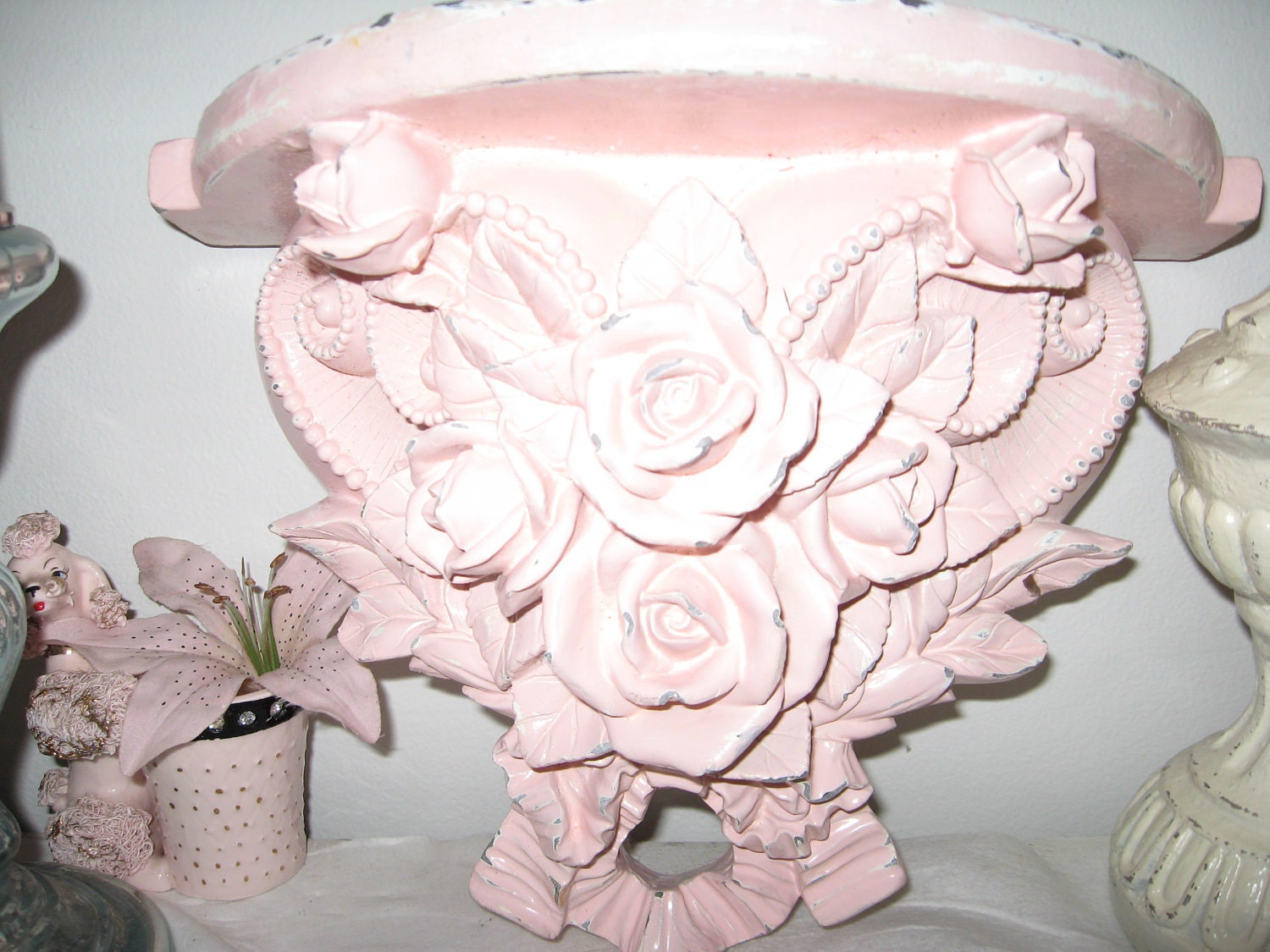 RESERVEHELENEVINTAGE DISTRESSEDPINK ROSES corbel hp shabby chic shelf/sconce- light pink distressed rose shelf or mantel bookend.