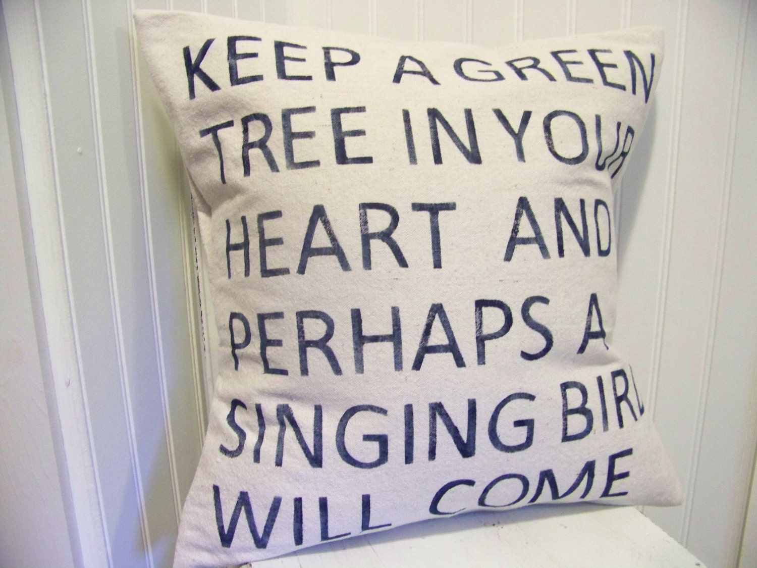 Keep a Green Tree in Your Heart pillow - navy blue - canvas - chinese proverb