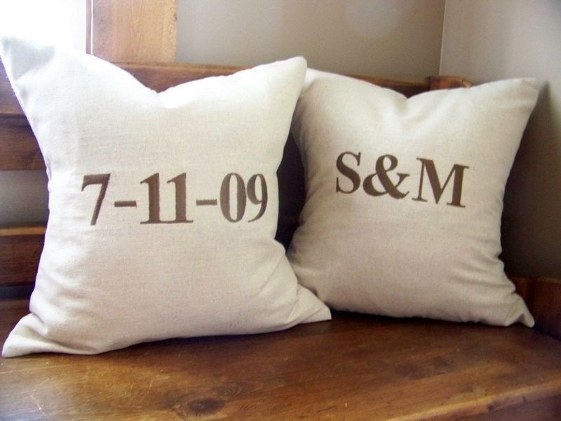 wedding/engagement/anniversary pillow cover set - EMBROIDERED - personalized -customizable - brown - linen