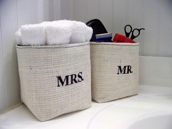 Mr. & Mrs. set of 2 EMBROIDERED burlap baskets - gift idea - black