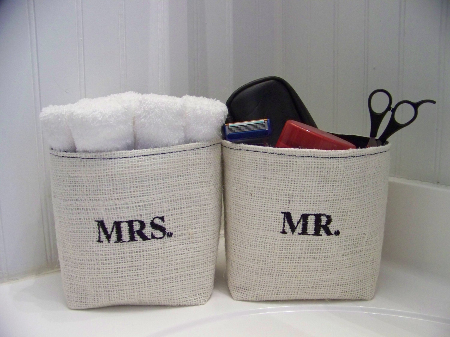 Mr. & Mrs. set of 2 EMBROIDERED burlap baskets - gift idea - black