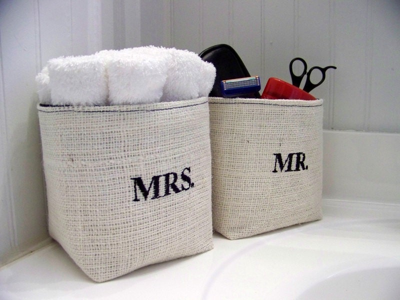 Mr. & Mrs. set of 2 EMBROIDERED burlap baskets - gift idea - black