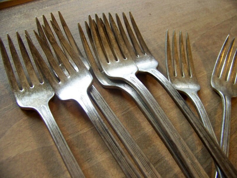 set of 8 vintage silver plated forks - monogram F - found