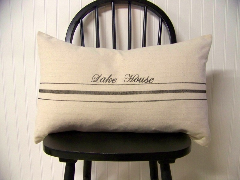 grainsack pillow cover- black stripe - personalized - lake house - vintage style - lumbar - canvas