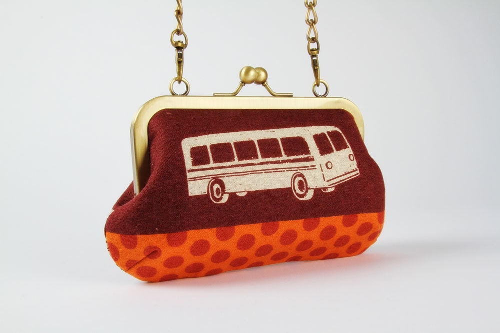 Party purse - Echino Bus in rust - metal frame handbag with shoulder strap