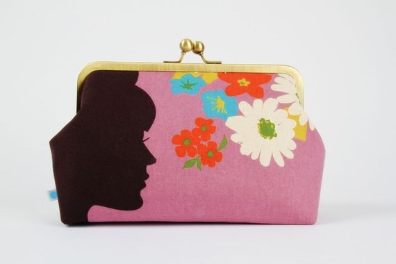 Cosmetic pouch - Girl's silhouette on purple - metal frame clutch bag