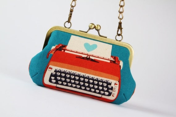 Retro typewriters on blue - metal frame handbag with shoulder strap