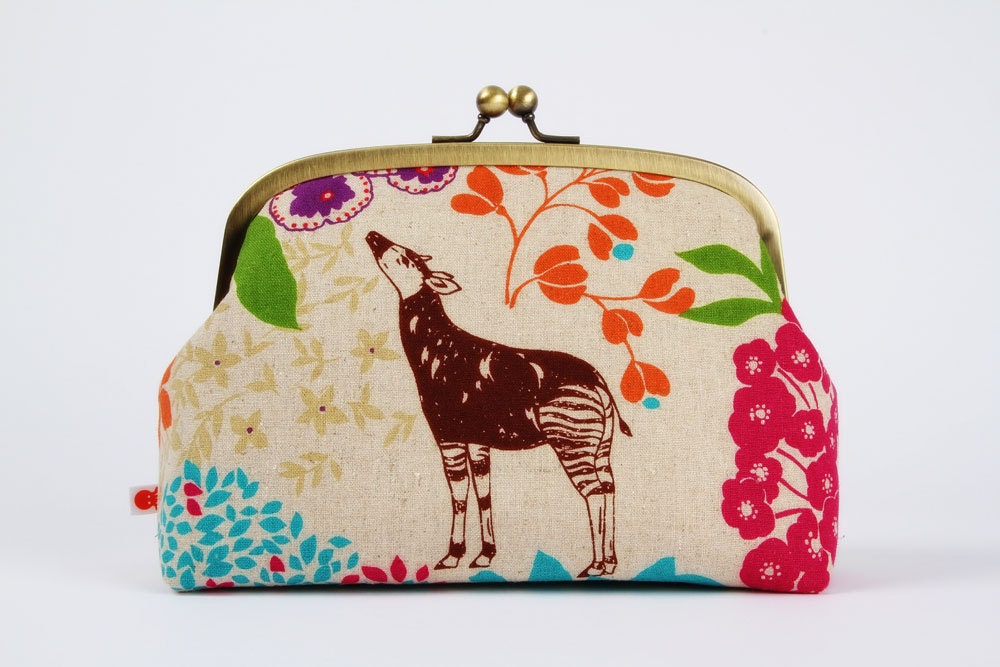 Rounded cosmetic pouch - Echino Savannah in natural - metal frame clutch bag