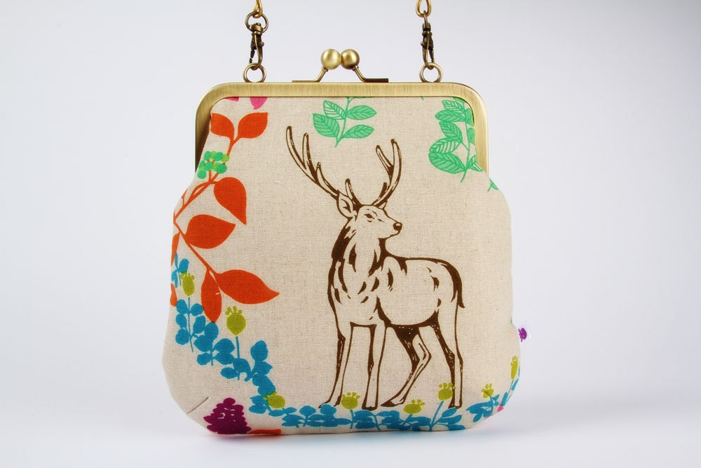 Clutch bag - Echino Forest in pink - metal frame purse with shoulder strap