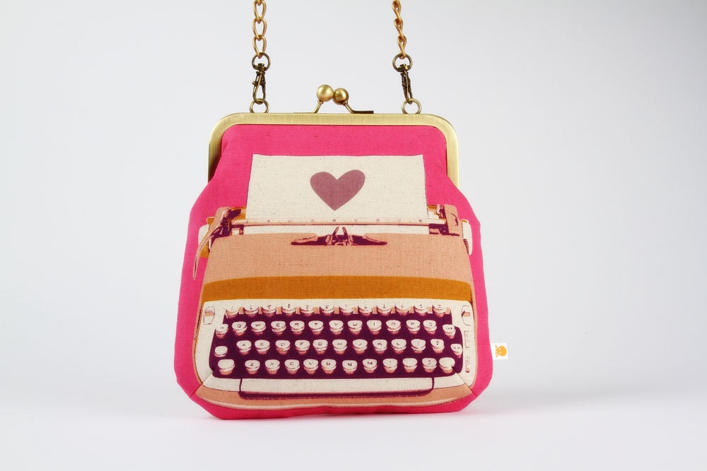 Clutch bag - Typewriter in pink - metal frame purse with shoulder strap