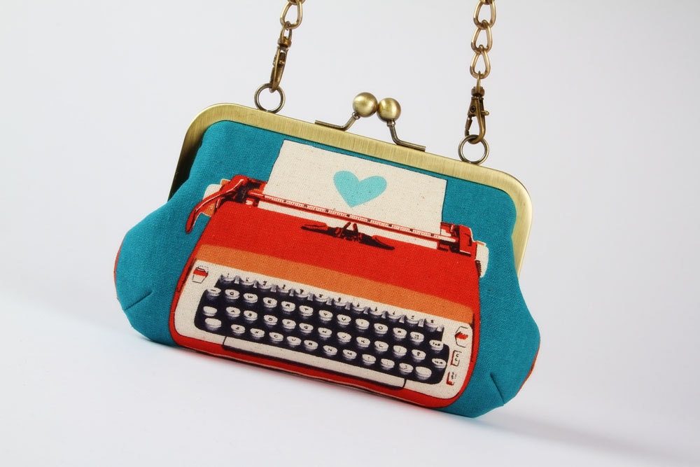 Retro typewriters on blue - metal frame handbag with shoulder strap