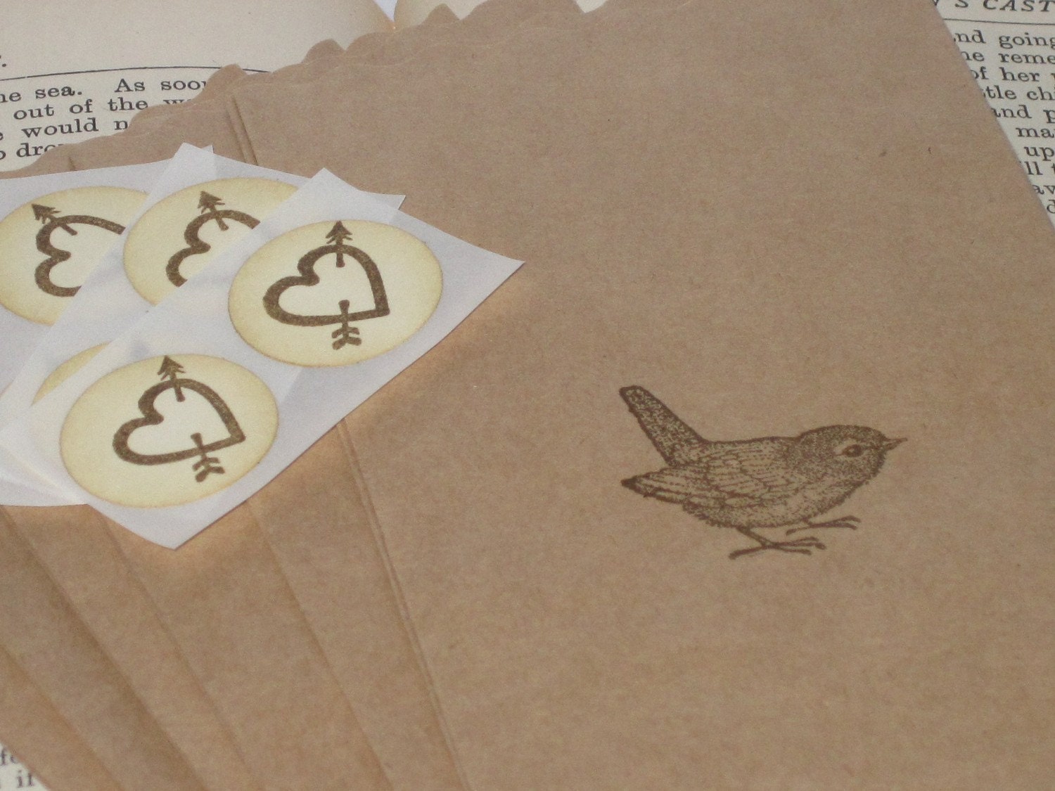 Vintage Bird Kraft Treat Bags/Favor Bags and Seals