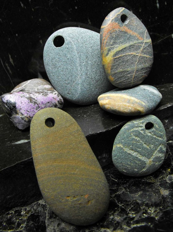 WILD n RUGGED Beach Pebble natural surf tumbled rock drilled genuine flat oval ovoid striped stones pendants