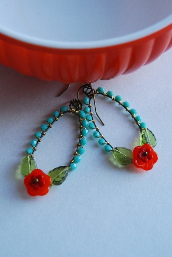 Frida's garden earrings  in  turqouise and red orange