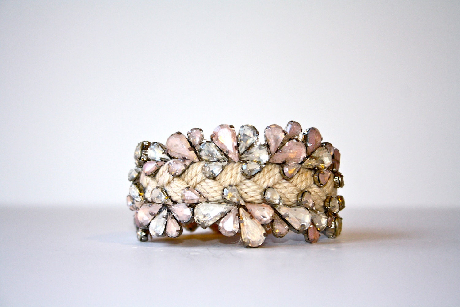 Crystal Sailors Rope Cuff - Natural with Blush Tones (and vintage fisherman's buckle closure)