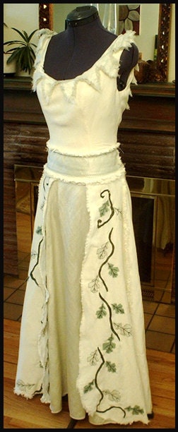 Elvin Medieval Tribal Fairy Hemp Silk Wedding Gown with Leaf Appliques
