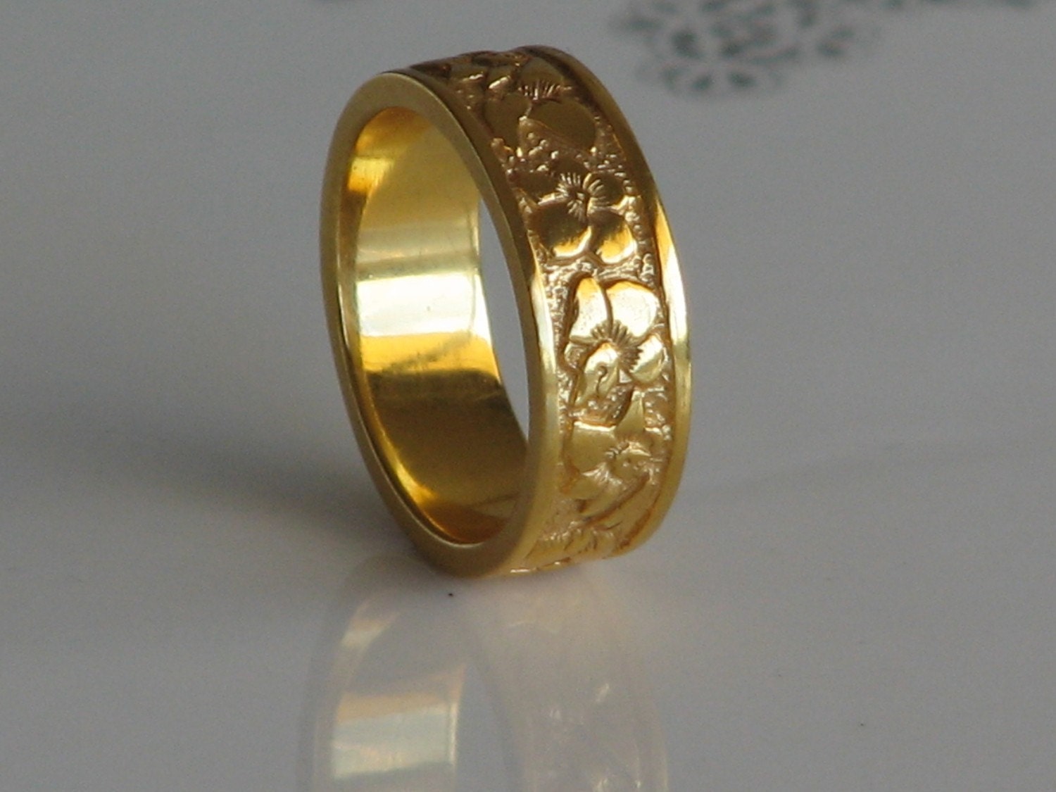 Vintage Style Flowers Ring,  24K Gold Plating Sterling Silver Band, unique  Engraved Desigen