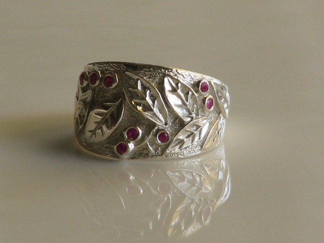 Autumn leaves, Sterling silver Ring  set with 8 ruby stones