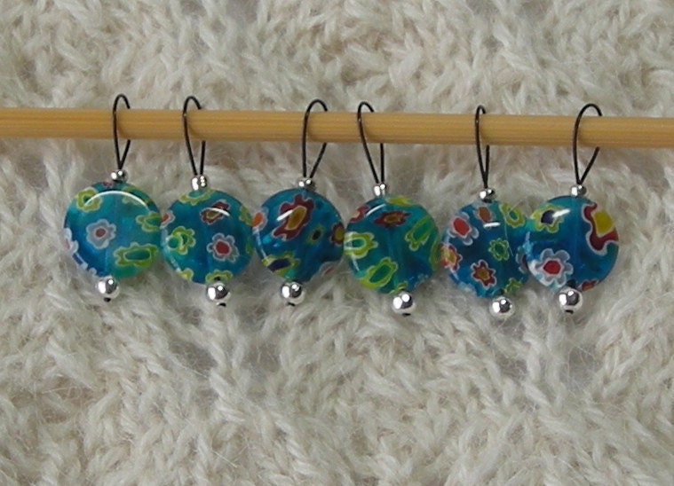 knitting stitch markers - snag free - turquoise millefiori bead 12mm - set of 6 - three loop sizes available