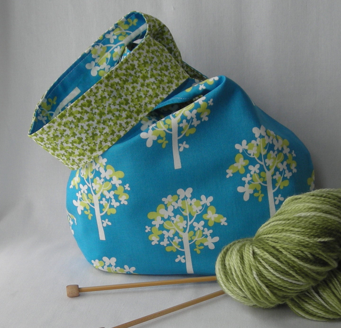 knitting project bag - crochet project bag - reversible Sock Knitters Bag - Just Wing It fabric in blue - free pattern too