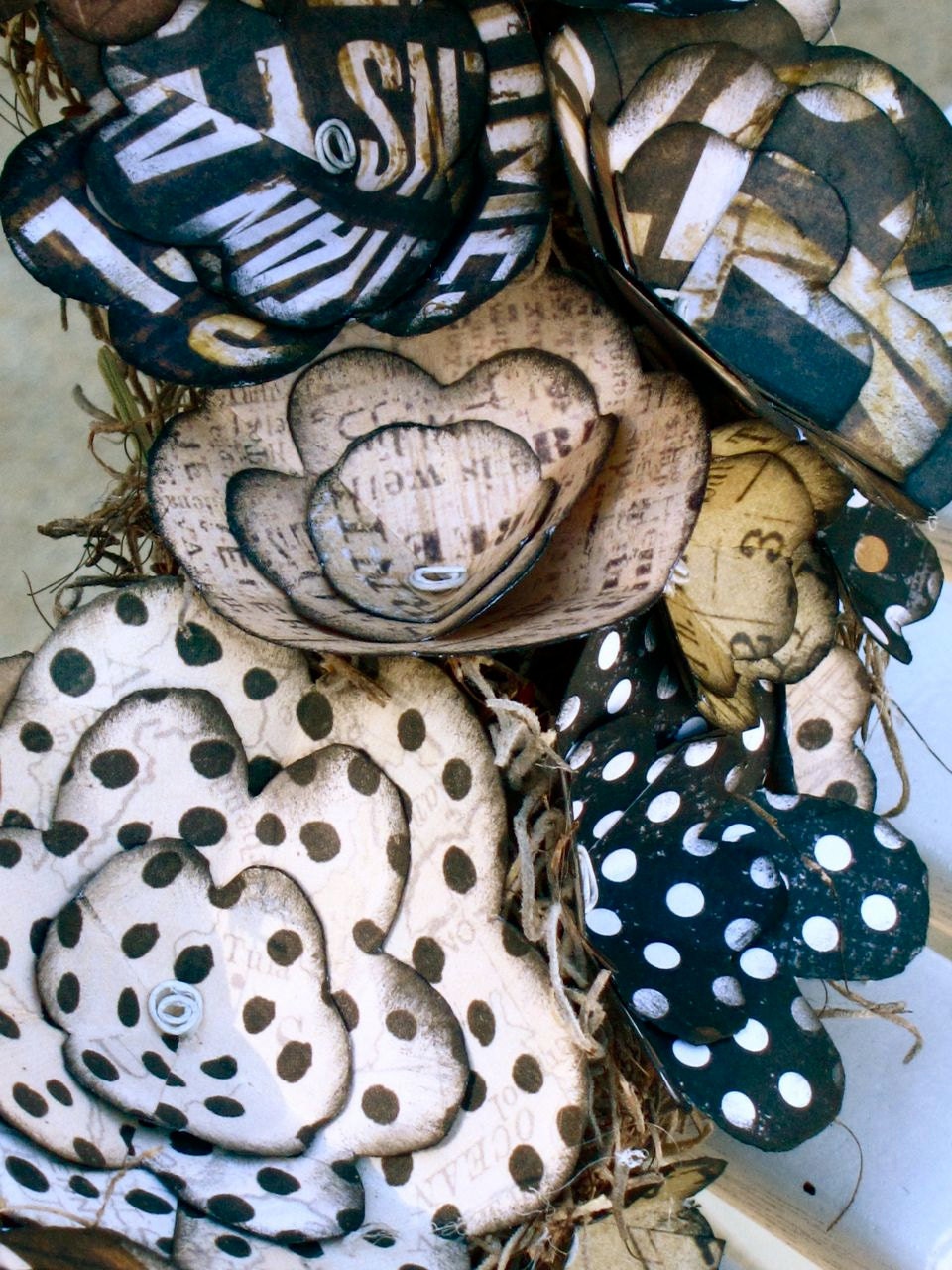 Black, white, cream, beige, paper flower wreath
