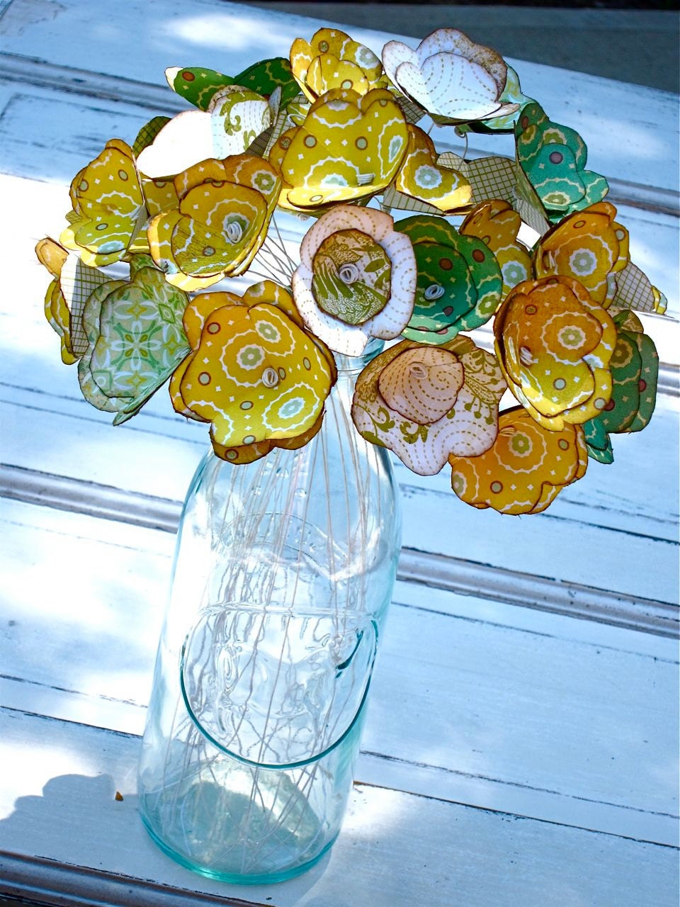 Yellow, green, white paper flower bouquet