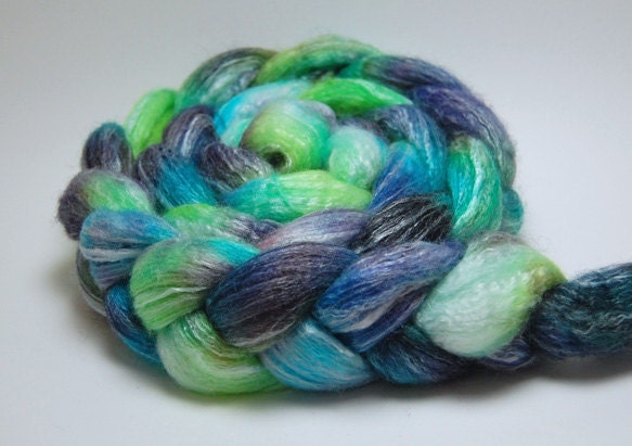 Happy Phantom - 4 oz Green Purple Turquoise Handpainted Merino Bamboo Wool Top Roving