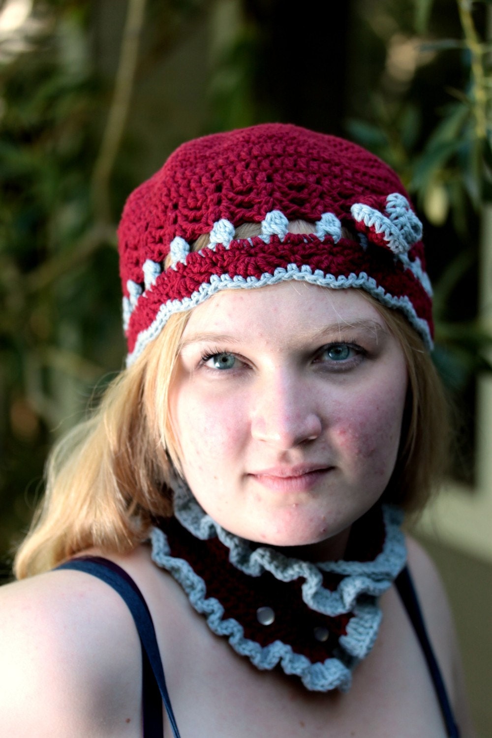 Victorian Vamp - Chic Burgundy and Grey hat and cowl set