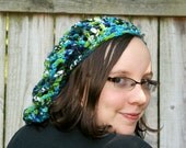 Summer Beret Ladies hat Extra Slouchy tam crocheted in blue, navy, teal green and white. Custom colors available.