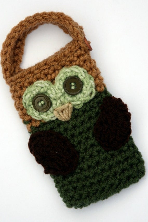 Owl Cell phone camera iPod holder case cozy crochet green, brown and tan