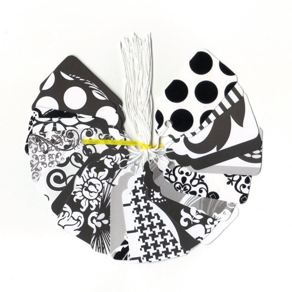 Gift Hang Tags - Black and White Tags Scallop Die Cut Tags (22) Bridal Shower Tags / Mini Wish Tree Tags