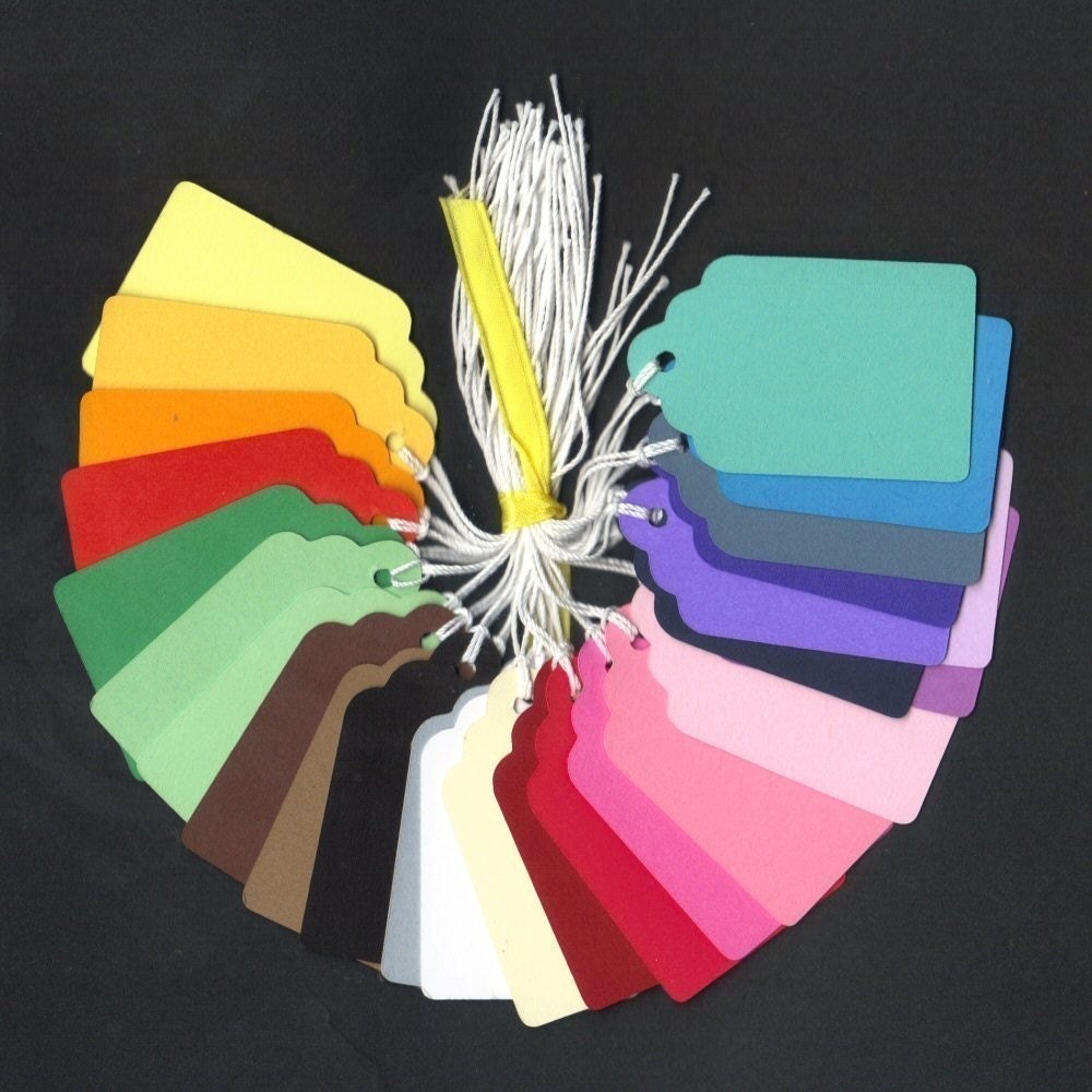 BULK Rainbow Cardstock Scallop Die Cut Hang Tags with String (100)