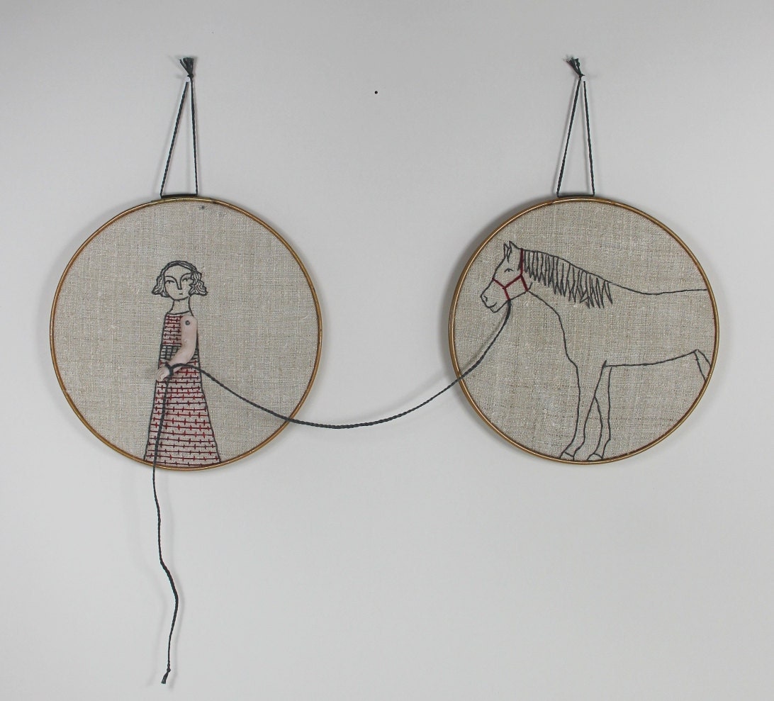 hand embroidery hoop art-  girl and her horse textile art fiber art