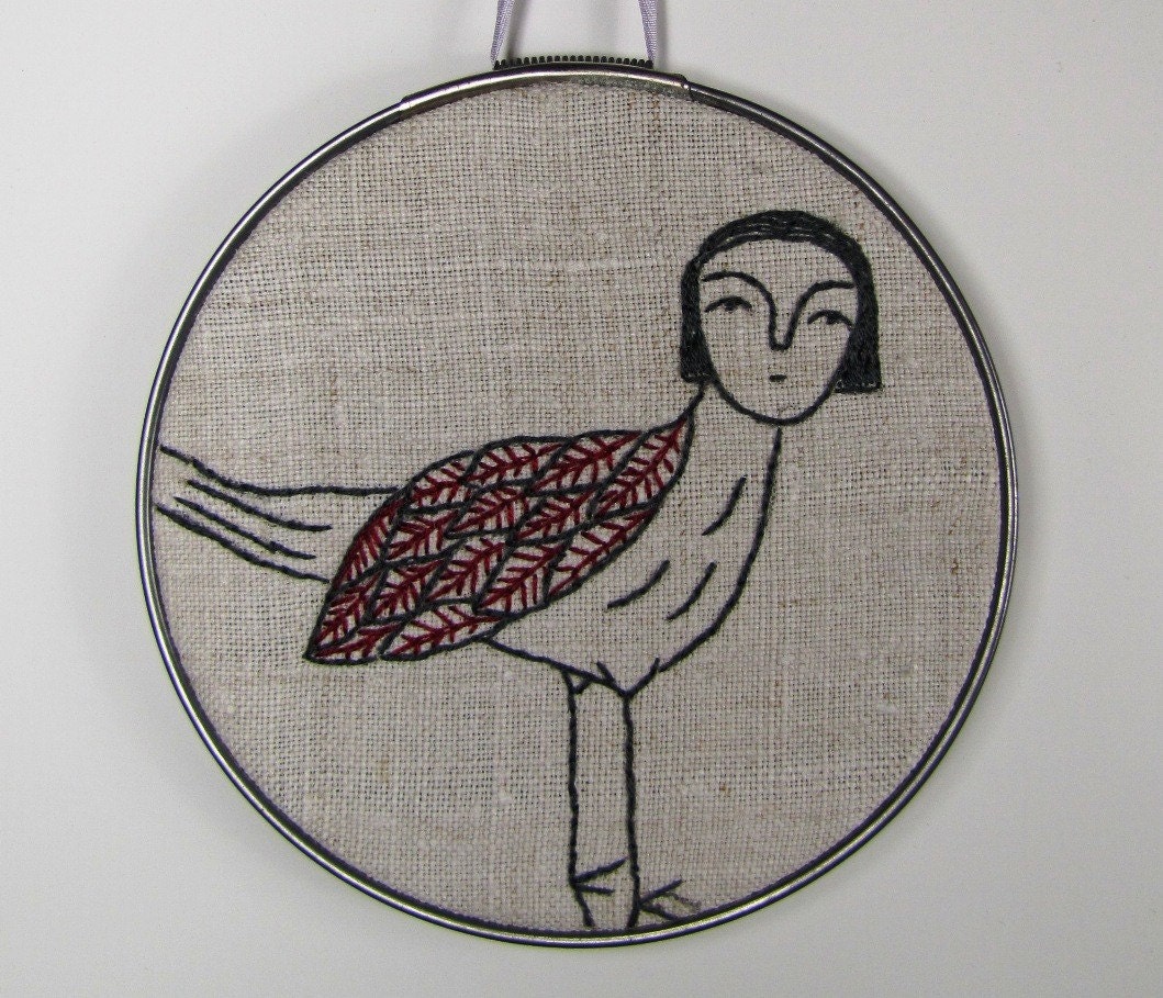 hand embroidery-little bird in charcoal gray and red