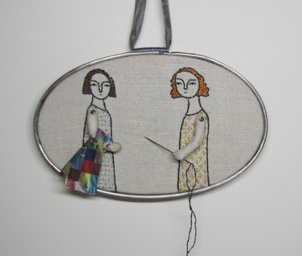 hand embroidery - the quilters- in sky blue and mustard yellow
